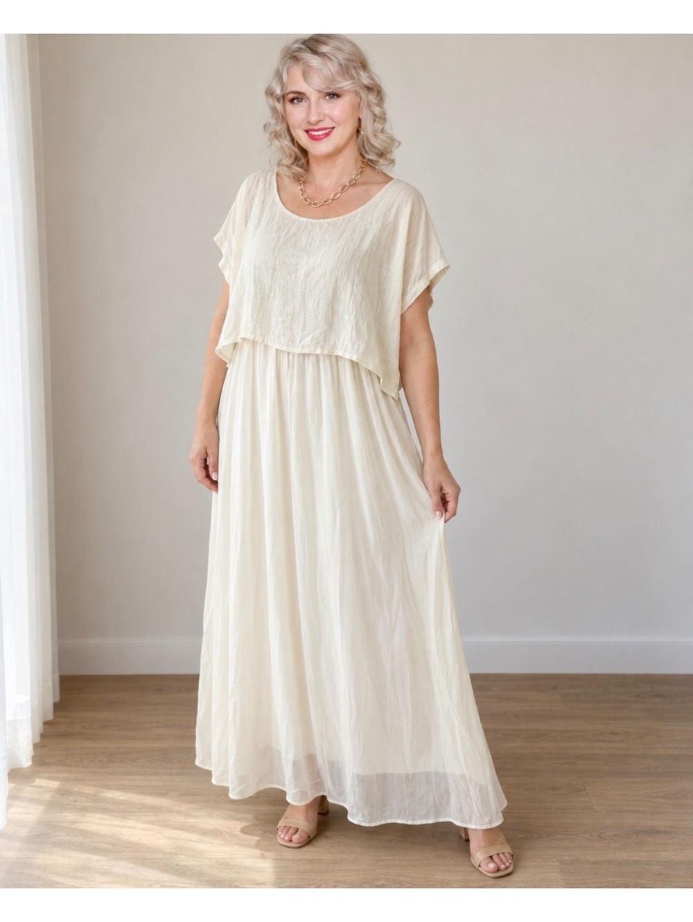 GIUSY Made in Italy Ivory Layered Linen Silk Maxi Dress Size S NWT